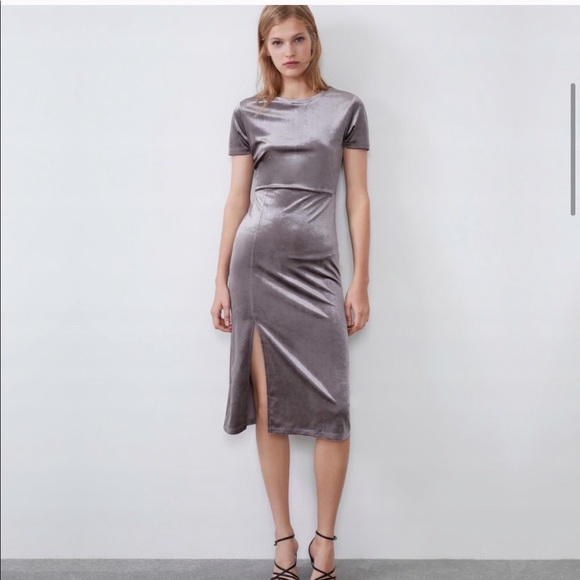 Zara Dresses & Skirts - NWT Zara Metallic Gray Short Sleeve Velvet Dress